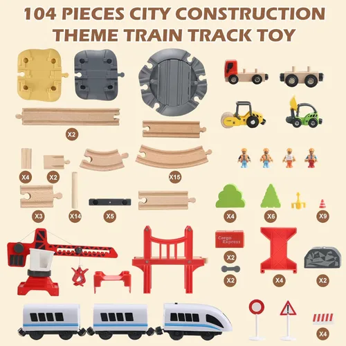 Miniatura 6 de Juego de Tren de Madera de 104 Piezas para Niños Pequeños, Trenes Magnéticos con Vía para Niños de 3 a 6 Años, Compatible con las Principales