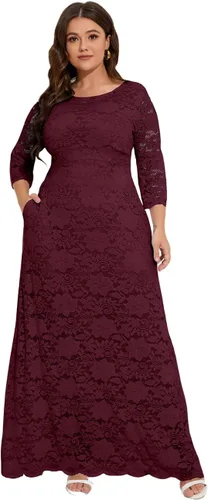 Miniatura 2 de MAYFASEY Vestido de novia de encaje floral para mujer, talla grande, manga 34, dama de honor, fiesta de noche, vestido largo con bolsillos