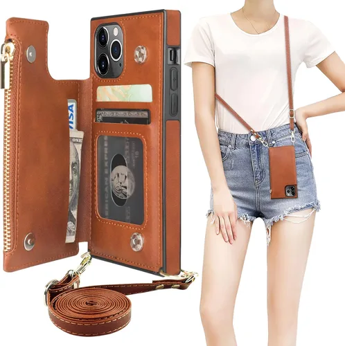 Miniatura 14 de Bocasal Funda tipo cartera cruzada para iPhone 11 Pro Max con tarjetero, protector de ranura para tarjetas con cremallera, a prueba de golpes
