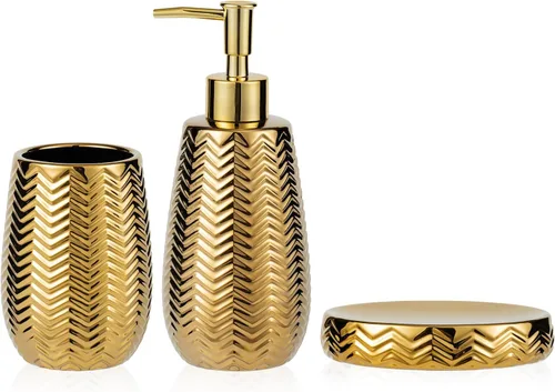 Accesorios de baño dorados 3 piezas de accesorios de baño elegantes, dispensador de jabón dorado, bomba dispensadora de jabón, vaso y jabonera,