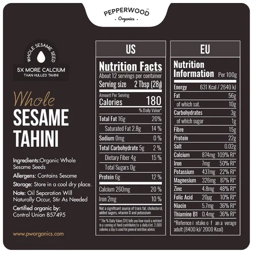 Miniatura 2 de Pasta de Tahini de Sésamo Integral Orgánica – Sin Descascarillar y Molida en Piedra – Textura Sedosa y Suave en Hummus, Salsas, Aderezos – Sin Sal
