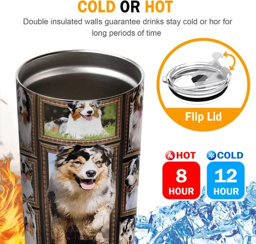 Miniatura 2 de Vaso de perro pastor australiano con tapa, a prueba de derrames, taza de viaje para café helado, botella de agua aislada de acero inoxidable de 20