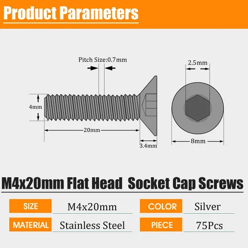 Miniatura 2 de Tornillos de cabeza plana M4 de 0.787 in, tornillo y perno de cabeza plana M4-0.028x0.787 in, pernos avellanados de acero inoxidable, accionamiento