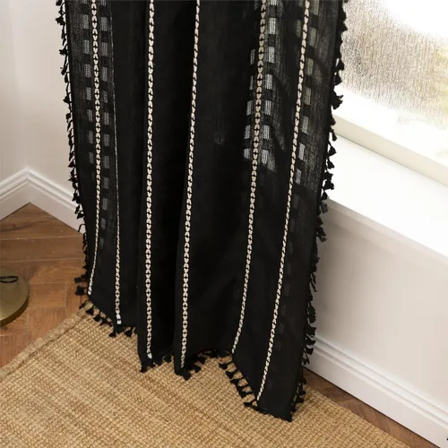Miniatura 7 de Sutuo Home - Cortinas bohemias negras de 84 pulgadas de largo para dormitorio y guardería, cortinas de estilo rústico con dobladillo para barra