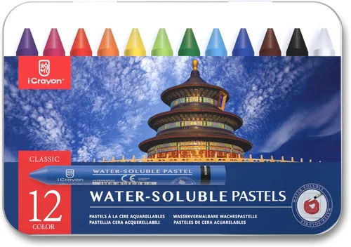 iCrayon 12 colores pasteles solubles en agua, juego de pasteles de acuarela para principiantes y aficionados, incluye sacapuntas, paleta y pincel