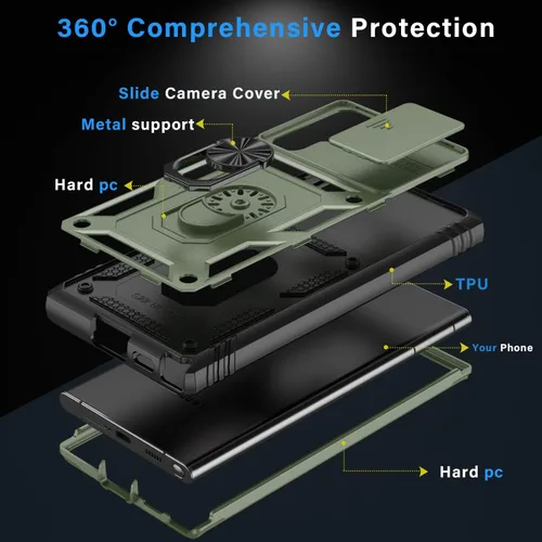 Miniatura 4 de PASNEW Funda para Samsung Galaxy S22 Ultra 5G, cubierta de cámara deslizante y soporte de dedo de metal de 360°, carcasa rígida protectora Verde