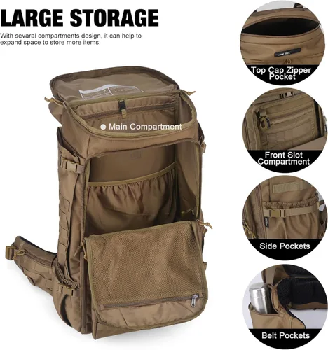Miniatura 4 de Mardingtop Mochila militar con marco interno de 75L para hombres, mochila táctica Cordura con Recco para snowboard, senderismo, camping Caqui