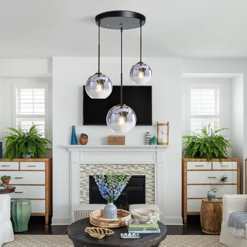 Miniatura 5 de KCO Iluminación Moderna Lámpara Colgante de 3 Luces con Globo de Vidrio Gradiente en Plata, Luminaria de Techo con Cordón Ajustable, Candelabro
