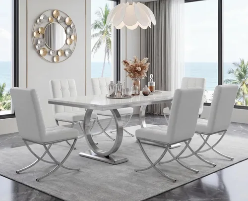 Miniatura 9 de EALSON Juego de 2 sillas de comedor modernas, tapizado de cuero negro con lengüetas de metal cromado y respaldos altos copetudos, sin brazos