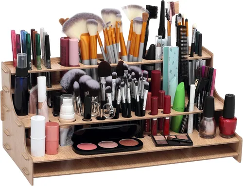 Miniatura 4 de Mezzo Artist Paint and Brush Rack - Soporte de Escritorio Multicapa de Laminado Veteado de Madera Organizador de Almacenamiento y Exhibición
