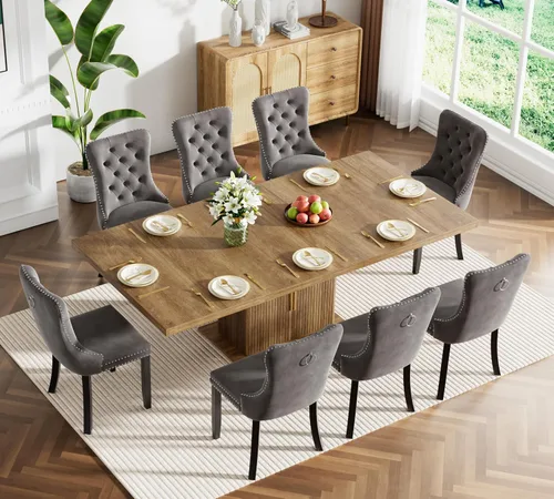 Miniatura 38 de Juego de mesa de comedor extensible de 5 piezas, juego de mesa de comedor extensible de estilo granja para 4, mesa de cocina expandible de madera