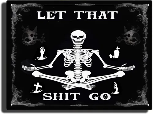 Miniatura 8 de xitangyouyu Divertido letrero gótico negro con diseño de calavera con texto en inglés "Let That Shit Go", letreros metálicos para decoración de baño