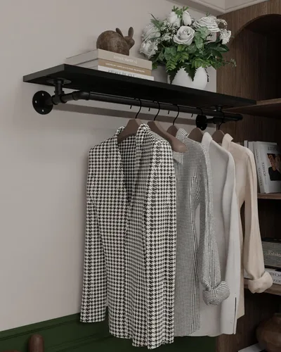 Miniatura 22 de Perchero negro de 36 pulgadas, perchero montado en la pared con estante de madera real negra, perchero colgante resistente, barra para colgar