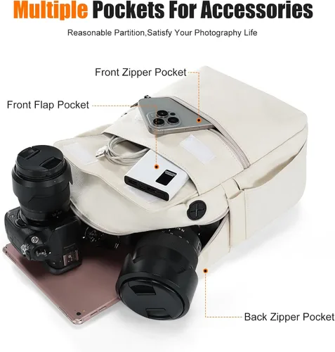 Miniatura 6 de Cwatcun - Bolso para cámara cruzado al hombro y bandolera, maletín ligero para fotografía DSLR/SLR/sin espejo con soporte para trípode y funda Beige