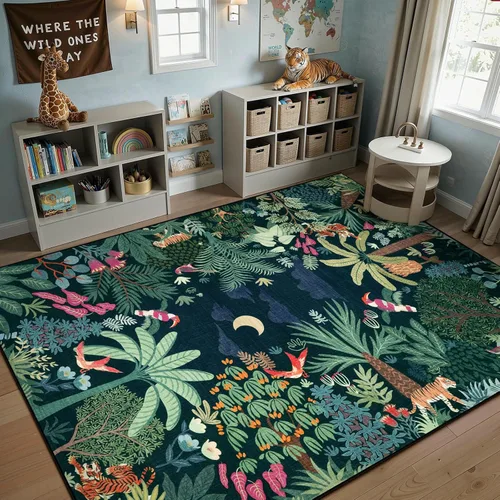 Miniatura 10 de LIVEBOX Alfombra lavable con estampado de animales de la jungla de 5 x 7 pies en azul para sala de estar, alfombras antideslizantes para dormitorio
