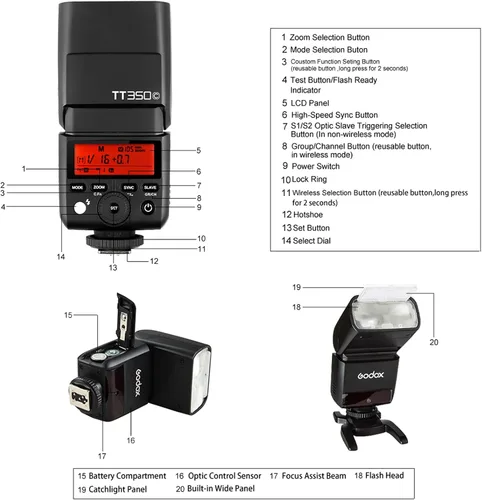 Miniatura 6 de GODOX TT350C TTL Flash para Canon, 2.4G GN36 Mini cámara Flash Speedlite HSS 1/8000s, aproximadamente 210 destellos de potencia completa, 0.1-2.2s
