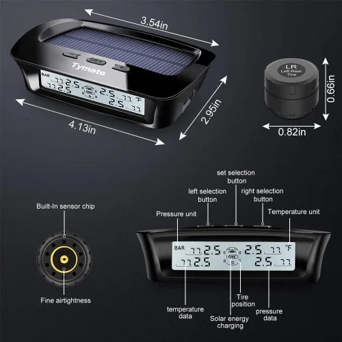 Miniatura 6 de Sistema Tymate de monitoreo de presión de neumáticos para RV - Sistema de monitor de presión de neumáticos M12-3 (0-87 PSI) con carga solar, 5 modos