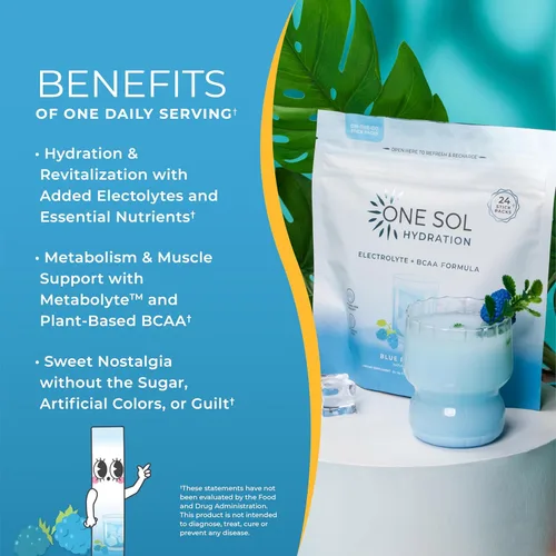 Miniatura 3 de One Sol BCAA y polvo de electrolitos para hidratación y energía, fórmula totalmente natural, 100% vegano, sin OMG, sin gluten y sin soja, promueve