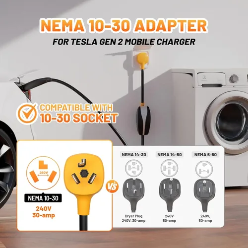 Miniatura 2 de MECMO Adaptador NEMA 10-30 para Cargador Móvil Tesla Gen 2, 24 Amp 240V, Adaptadores Inteligentes 10-30P para Conectores de Cargadores Móviles