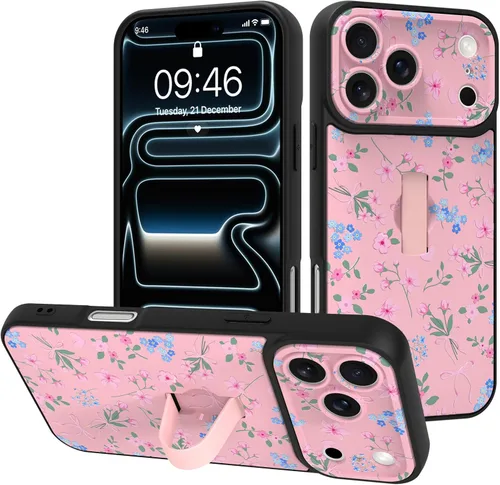 Miniatura 79 de Funda diseñada para iPhone 17 Pro Max con soporte plegable y correa para dedos, bonito patrón de lazo de corazón de flor rosa para mujeres y niñas
