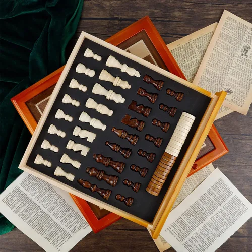 Miniatura 4 de Juegoal Juego de ajedrez y damas de madera de 12 pulgadas con cajón de almacenamiento, juegos de mesa portátiles para niños y adultos