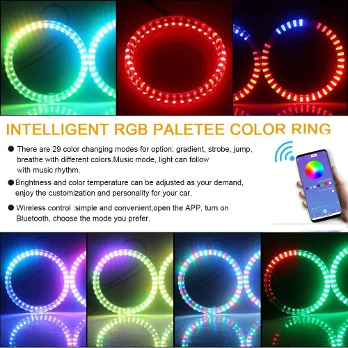 Miniatura 5 de Qasim 1 par de anillos de halo LED RGB de 80 mm con 30 SMD 3535, ojos de ángel para motocicleta y coche, luz DRL, luz antiniebla, señal de giro