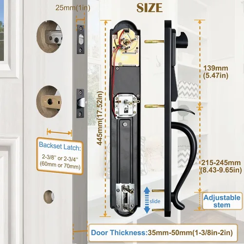 Miniatura 5 de Juego de manijas de doble puerta con cerradura para puerta delantera, llave electrónica y juego ficticio, acabado negro mate