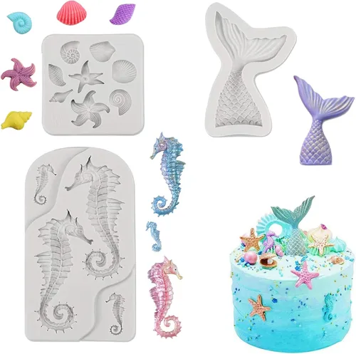Miniatura 9 de MEMOVAN Molde de silicona bajo el mar, 3 piezas, molde de fondant marino, concha, estrella de mar, molde de silicona para hornear para debajo