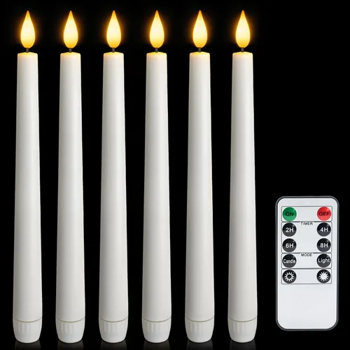 6 piezas de velas cónicas sin llama con control remoto y temporizador, 9.6 pulgadas de velas LED de plástico, velas blancas operadas por batería