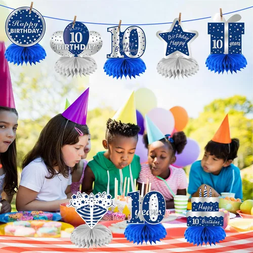 Miniatura 4 de 8 centros de mesa de panal azul plateado para décimo cumpleaños de niños, suministros de fiesta de cumpleaños para decoración de mesa, decoración
