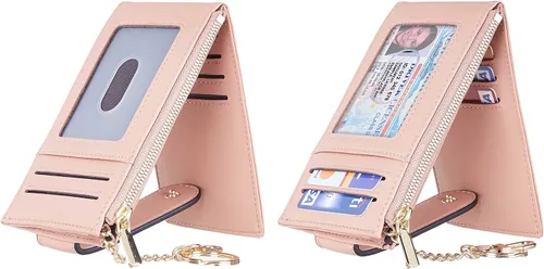 Miniatura 2 de Chelmon Billetera delgada para mujer, con bloqueo RFID, plegable, con bolsillo con cremallera, Rosa con llavero, Minimalista