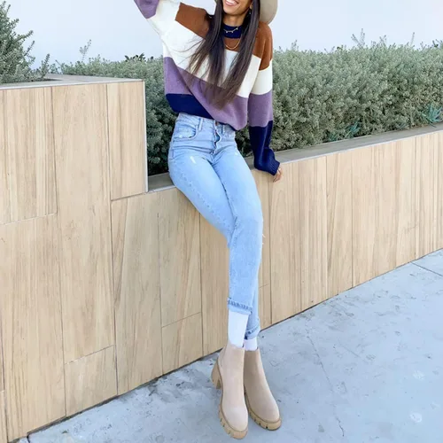 Miniatura 8 de Fttpdeaus Women's Lug Sole Ankle Boots Casual Chunky Platform Boots Elastic Block Heel Combat Chelsea Booties
