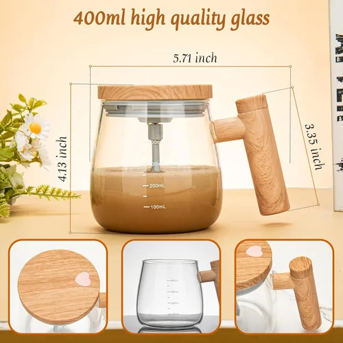 Miniatura 5 de Taza de café eléctrica autoagitable, taza mezcladora de alta velocidad de 13.5 fl oz con tapa, vidrio de borosilicato alto, oficina en casa
