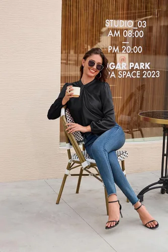 Miniatura 8 de GRACE KARIN Camisas de manga larga para mujer, cuello alto, blusa casual de satén para negocios, oficina, trabajo