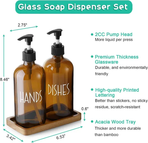 Miniatura 4 de ALELION Dispensador de jabón de vidrio ámbar para cocina - Juego de dispensador de jabón para manos y platos de 16 oz con bandeja de madera