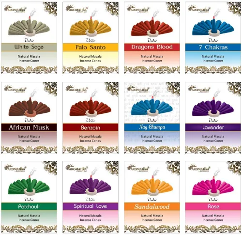 ARO VATIKA Vedic Natural Masala 120 conos de incienso en paquete de 12 cajas | 12 fragancias surtidas conos Dhoop | Lo mejor para oración, reiki,