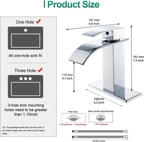 Miniatura 6 de VOTON - Grifo de baño cromado moderno de una sola manija en cascada para 1 o 3 agujeros con placa de cubierta, grifo de baño utilitario para Cromo