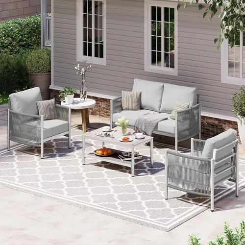 Miniatura 37 de Juego de muebles de aluminio para patio al aire libre con mesa de centro de doble capa, juegos de conversación de patio modernos de 4 piezas
