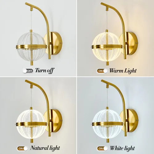 Miniatura 4 de UOFUS Aplique de pared dorado con pantalla acrílica de globo de mediados de siglo, moderna lámpara de pared LED de 12 W, 3000 K/4000 K/6000 K