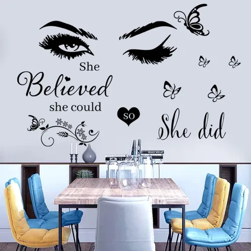 Miniatura 3 de Adhesivo de pared de vinilo con texto en inglés "She Believed She Could So She Did", calcomanías de pared de mariposa para dormitorio, sala