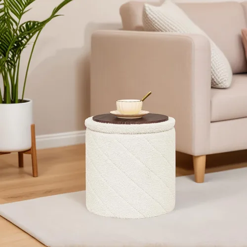 Miniatura 5 de B FSOBEIIALEO Otomana con almacenamiento, Otomana redonda de bouclé con bandeja, taburete reposapiés para dormitorio, sala de estar, blanco, 32,99