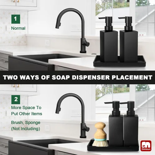 Miniatura 3 de GMISUN Juego de dispensador de jabón de cocina, dispensadores de jabón para manos y platos, dispensador de jabón negro de 12 fl oz/11.8 fl oz