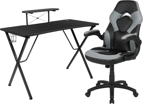 Miniatura 19 de Flash Furniture Juego de escritorio para juegos negro y silla de carreras blanco/negro con soporte para tazas, gancho para auriculares y soporte