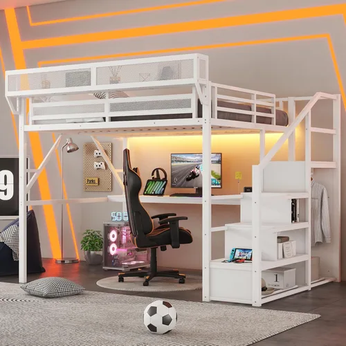 Miniatura 15 de Base de cama Queen Loft con escaleras y almacenamiento, marco de cama de metal resistente, capacidad de 800 libras, para adultos y adolescentes