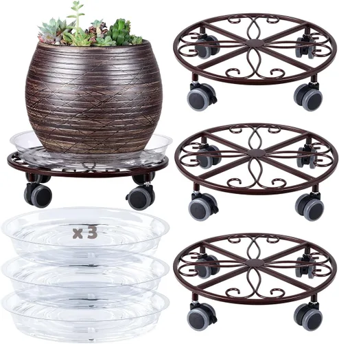 Miniatura 10 de Pack de 3 organizadores para plantas con ruedas de alta resistencia de 13.5 pulgadas, soporte metálico con ruedas, plataforma rodante para plantas