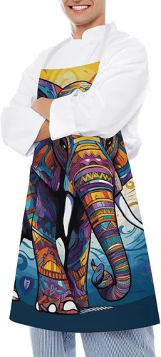 Miniatura 4 de Personalized Colorful Elephant Adult Apron, Kitchen Cooking Aprons for Woman Man, Adjustable Bib Apron with Pocket for Baking, BBQ Crafting