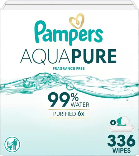 Pampers Aqua Pure Toallitas para bebé, 99% agua, sin fragancia, 336 toallitas para bebé en total (6 paquetes con tapa de apertura), [el embalaje