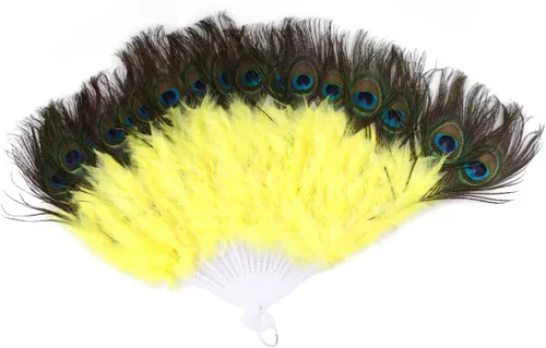 DECHOUS Abanico de fiesta, 1 unidad, ventilador de mano de pavo real, ventilador plegable, ventilador de baile de ropa de pavo real amarillo pavo