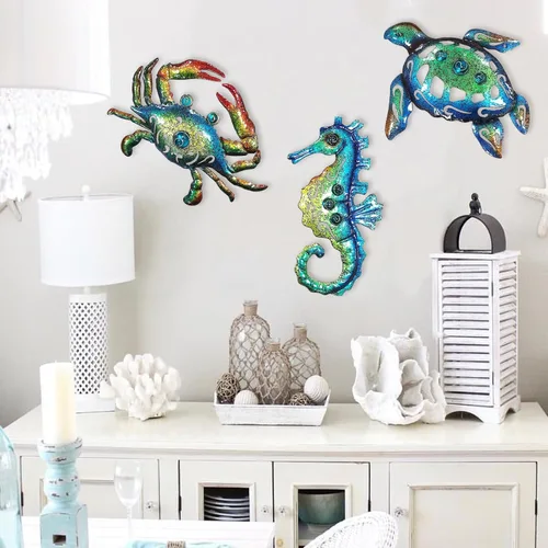 Miniatura 5 de Weibefee Arte de pared de metal con temática de playa de caballito de mar de tortugas marinas y cangrejo para decoración del día de la madre