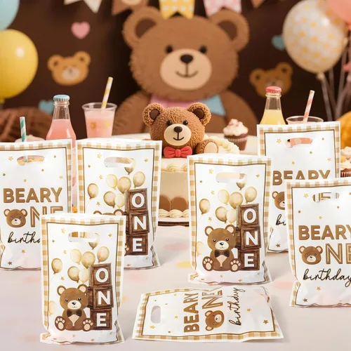 Miniatura 6 de Bolsa de Regalo para Primera Fiesta de Cumpleaños Oso 50Pcs Bolsas de Dulces y Regalos con Oso Marrón Dulces y Golosinas para Fiesta Temática Oso